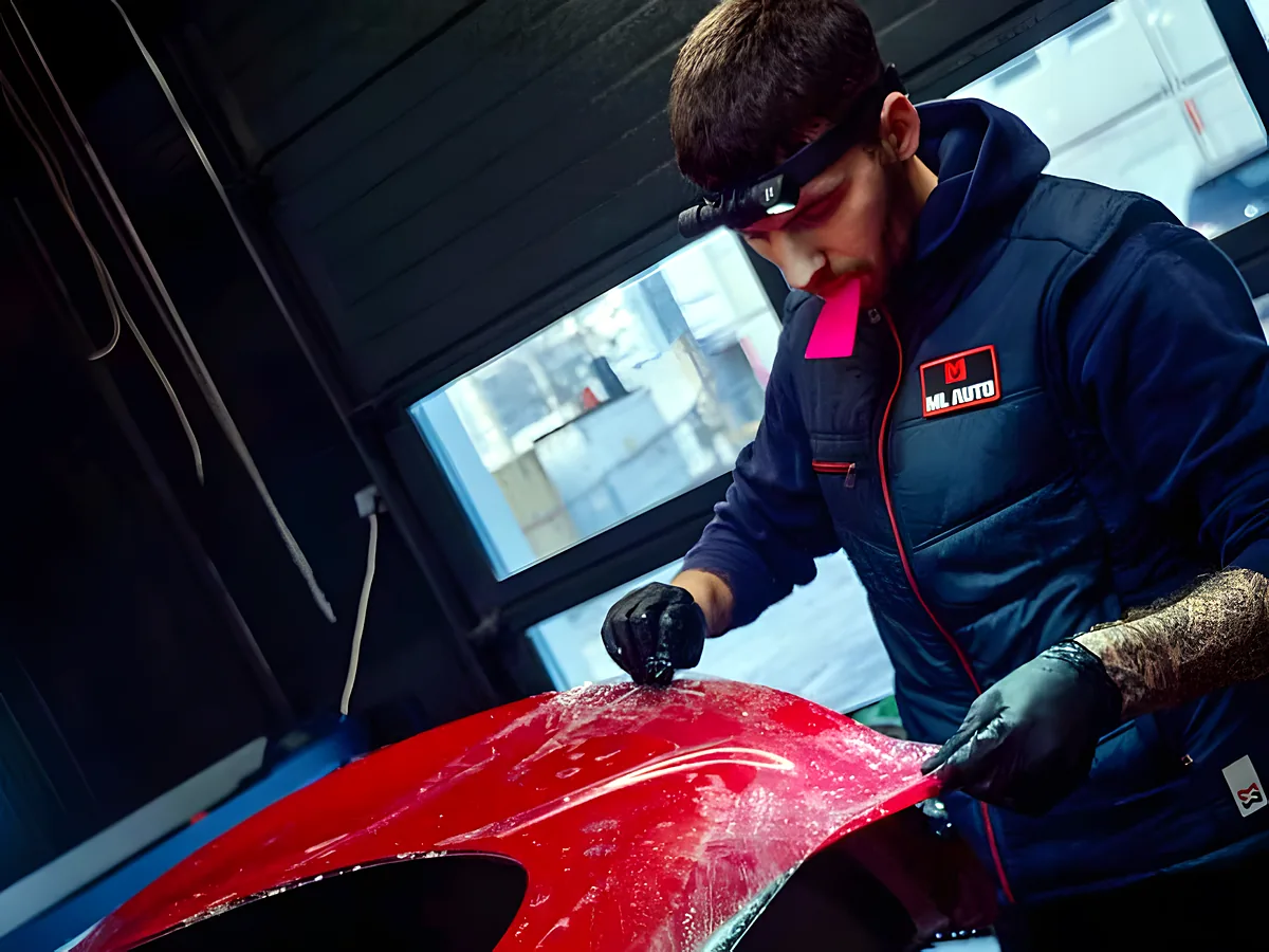 Meistras klijuoja apsauginę plėvelę ant raudono automobilio